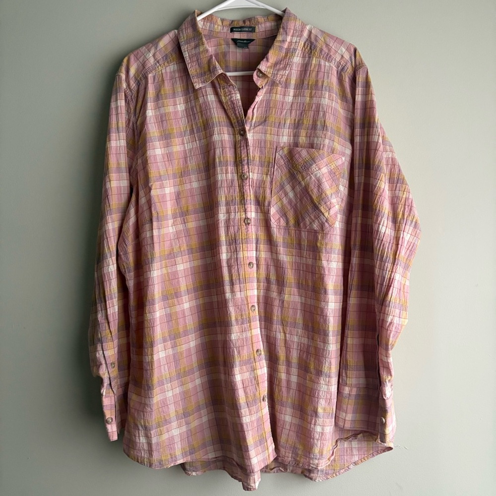 Eddie Bauer 2X Pink Plaid Button Down Shirt Modern Classic Fit